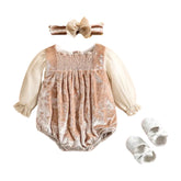Beige Velvet Bodysuit Baby Girl Romper.